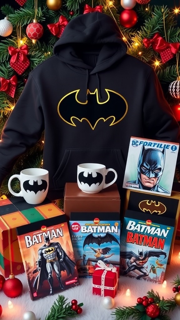 A festive display of Batman-themed gifts for Christmas, including a hoodie, action figure, and coffee mug.